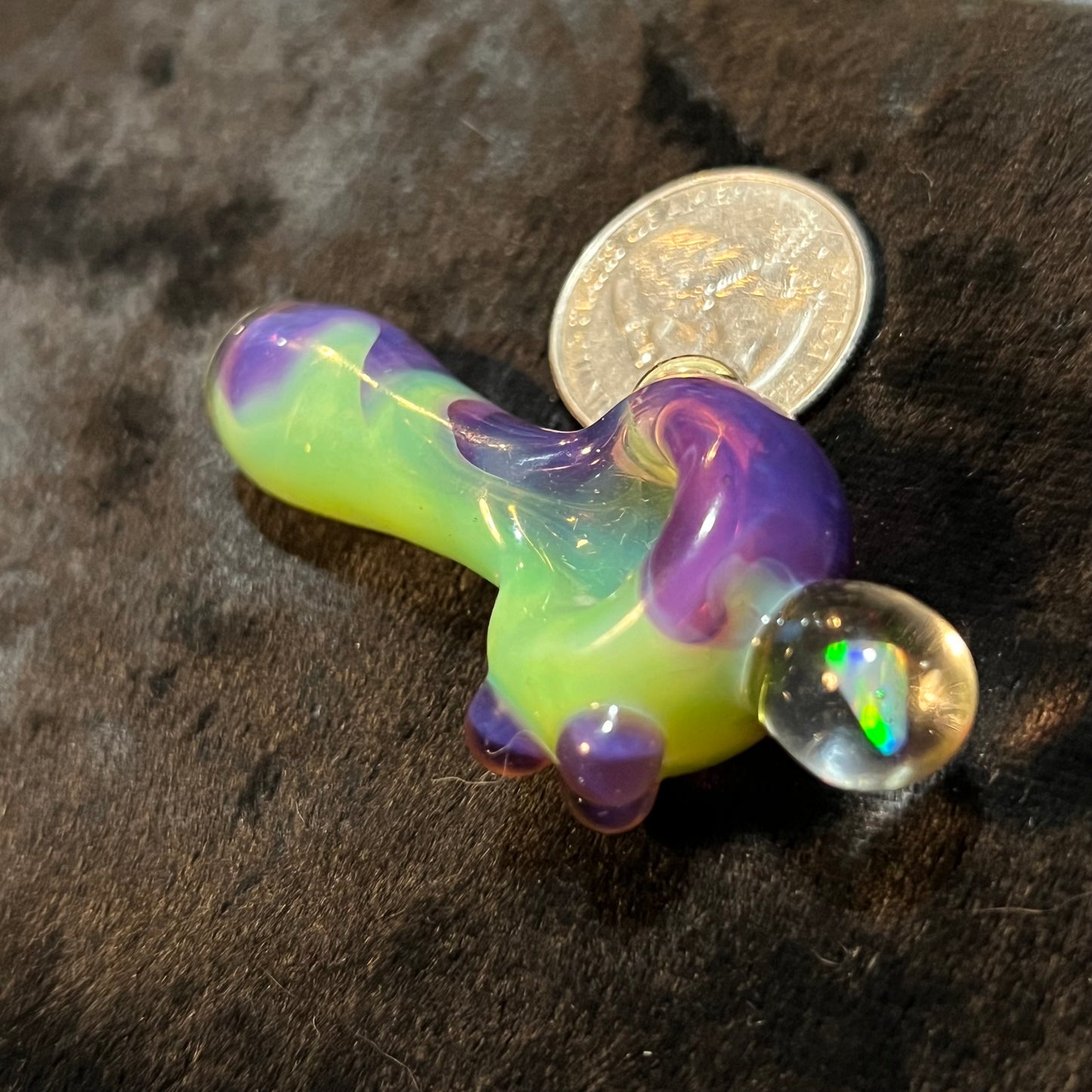Small two tone spoon pipe with UV accents and encased opal