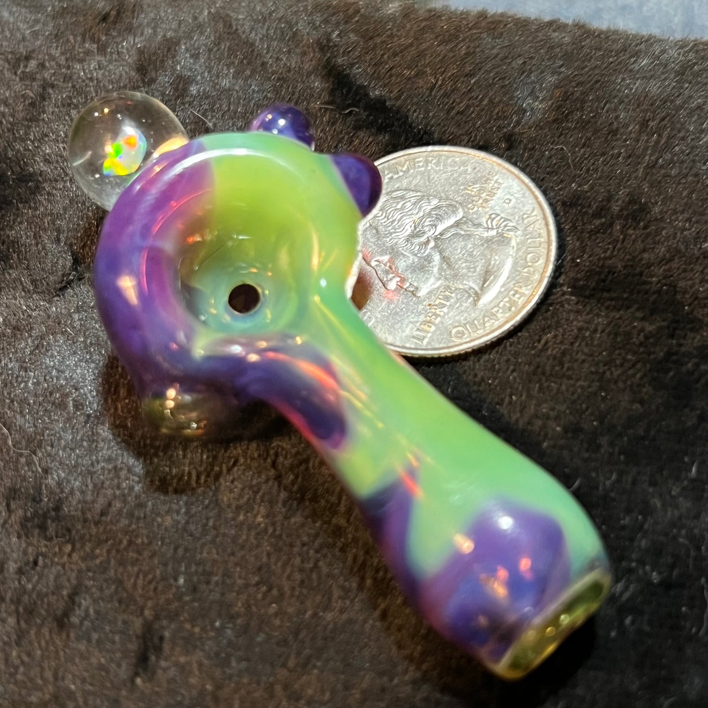 Small two tone spoon pipe with UV accents and encased opal
