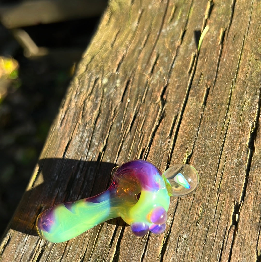 Small two tone spoon pipe with UV accents and encased opal
