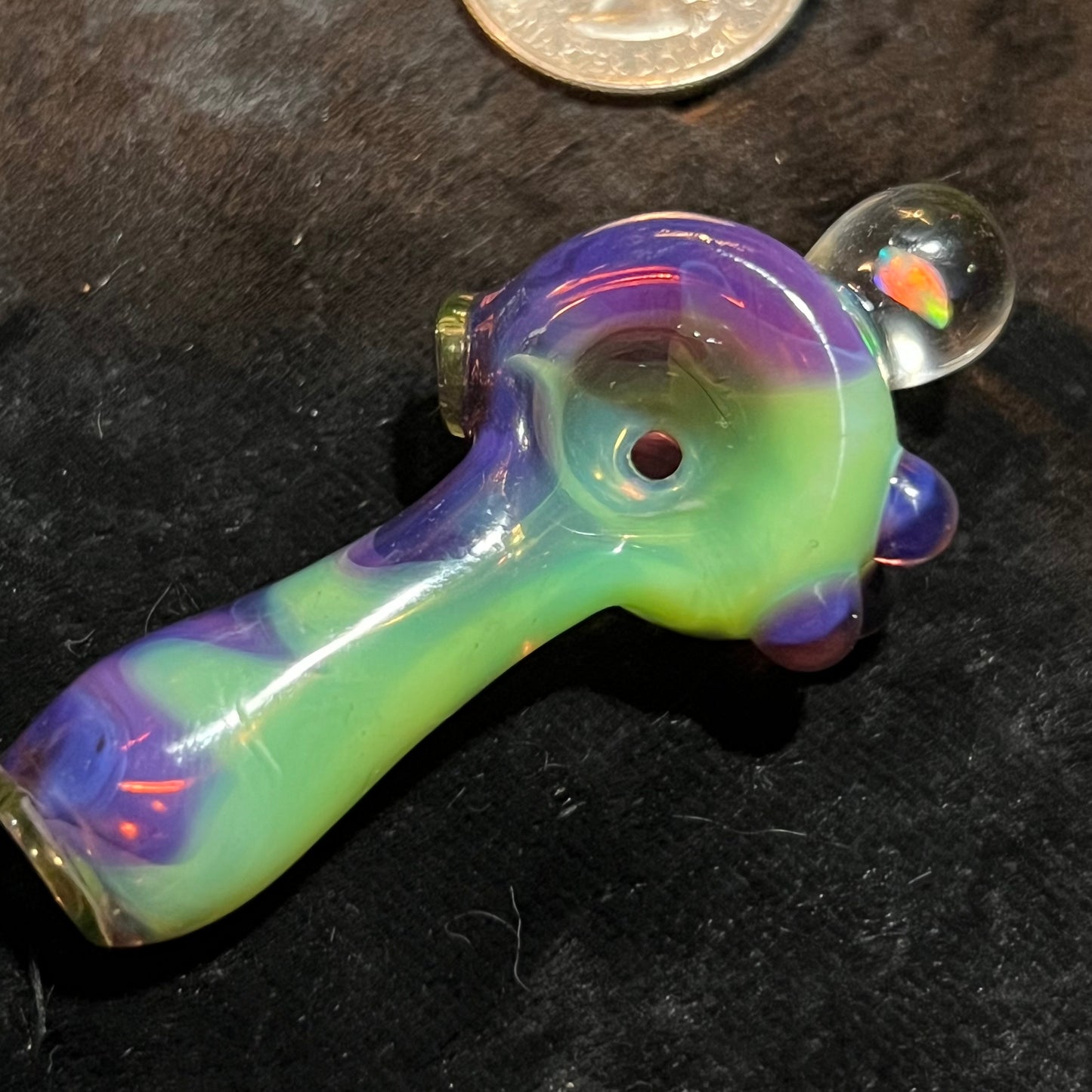 Small two tone spoon pipe with UV accents and encased opal