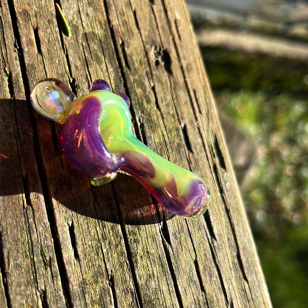 Small two tone spoon pipe with UV accents and encased opal