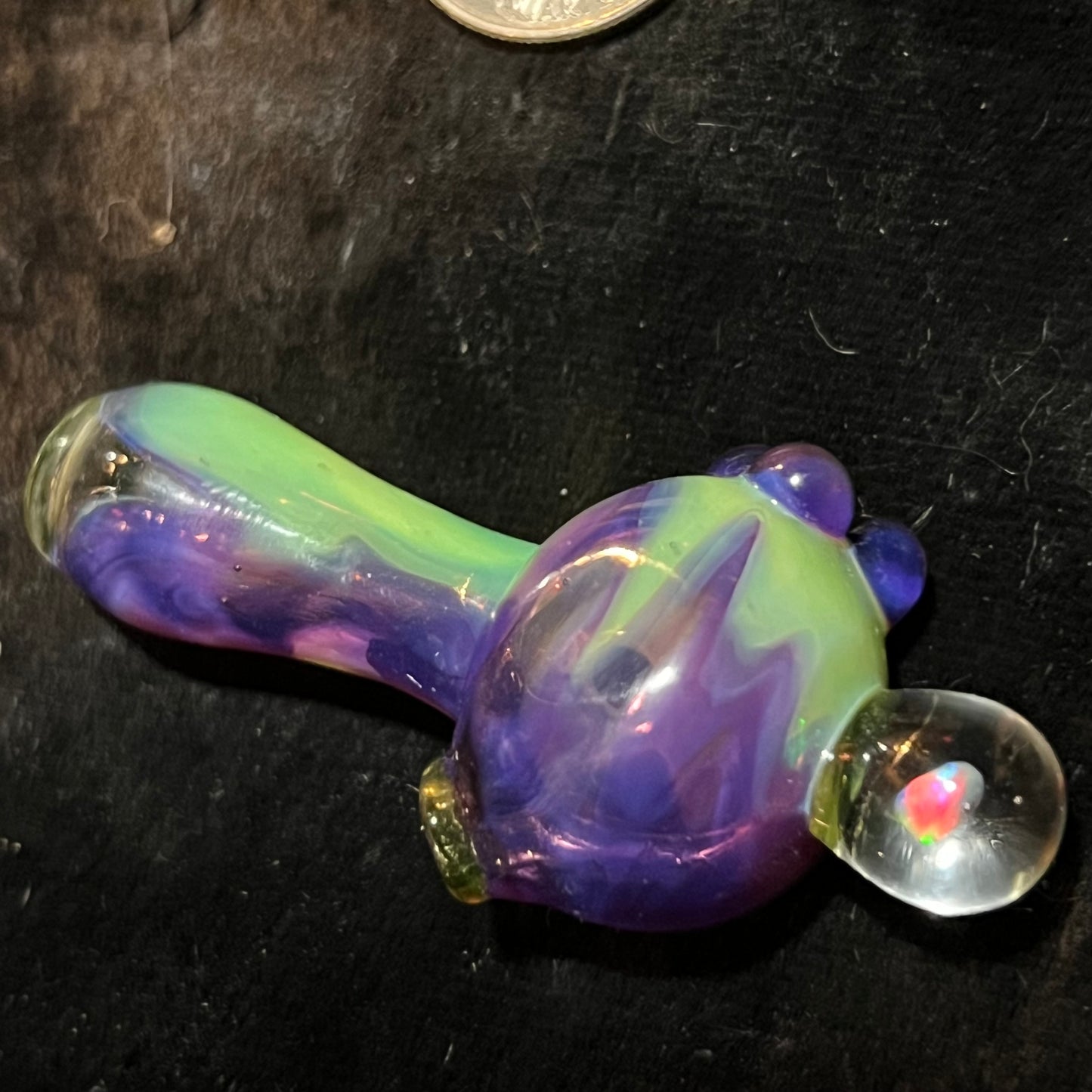 Small two tone spoon pipe with UV accents and encased opal