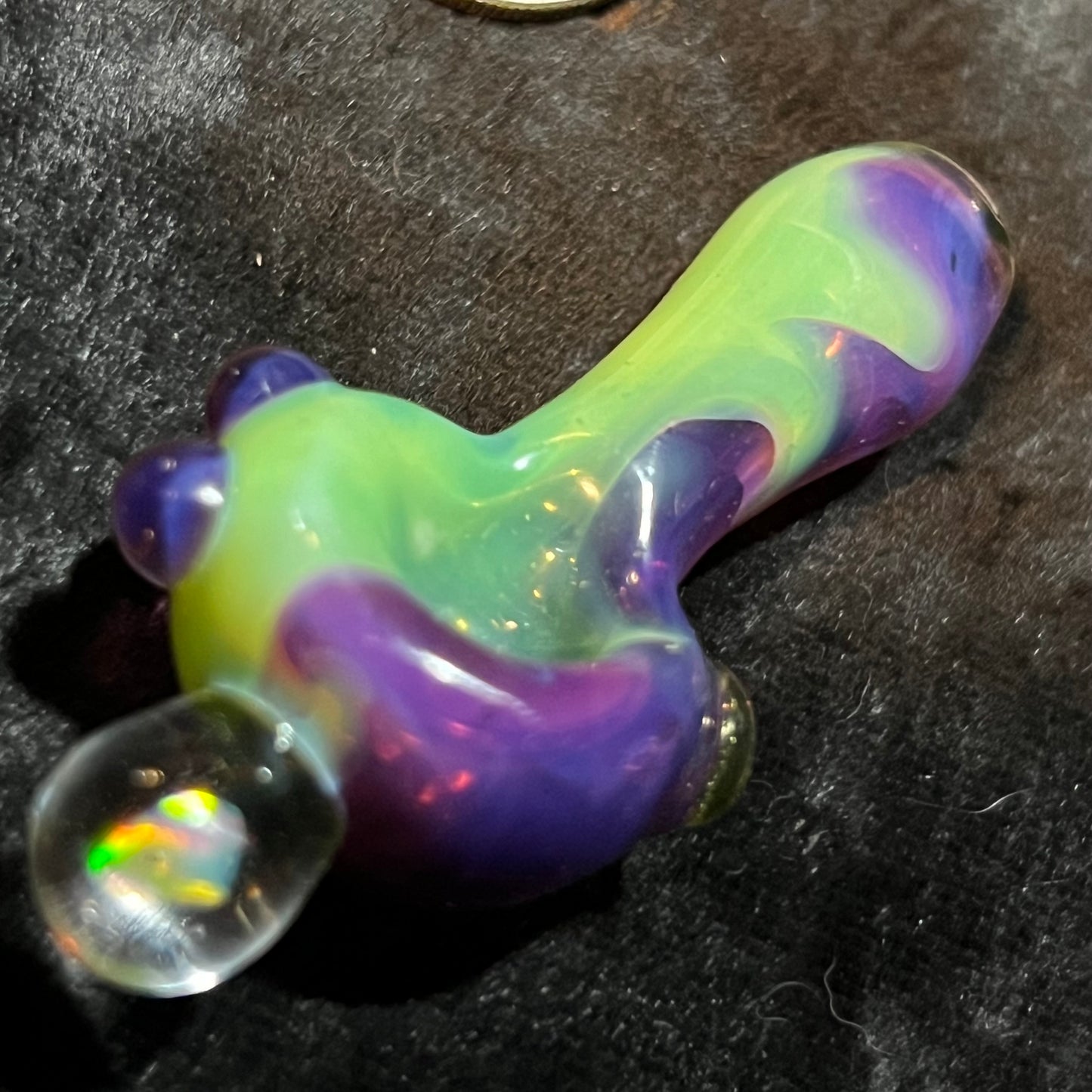 Small two tone spoon pipe with UV accents and encased opal
