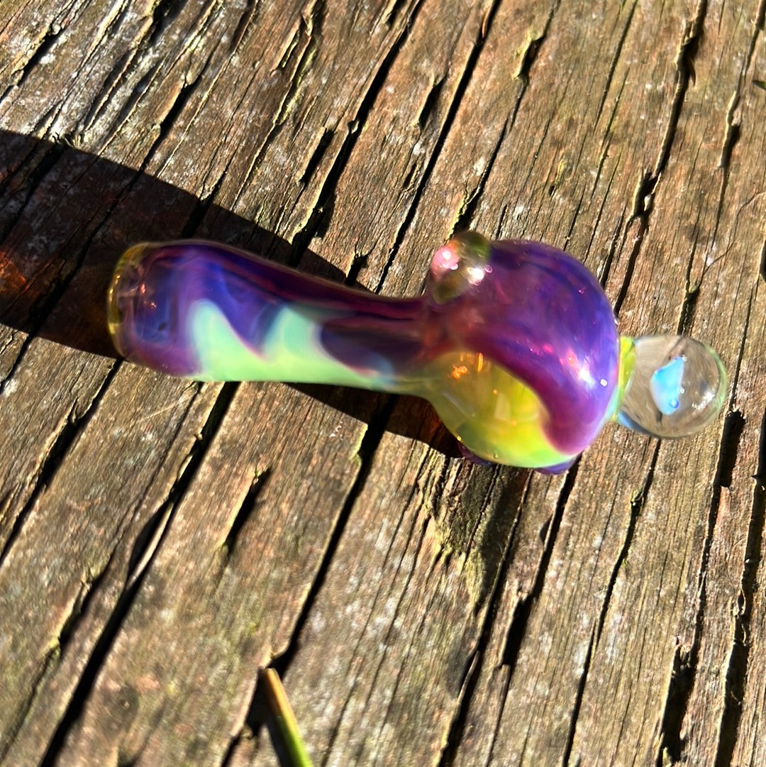 Small two tone spoon pipe with UV accents and encased opal