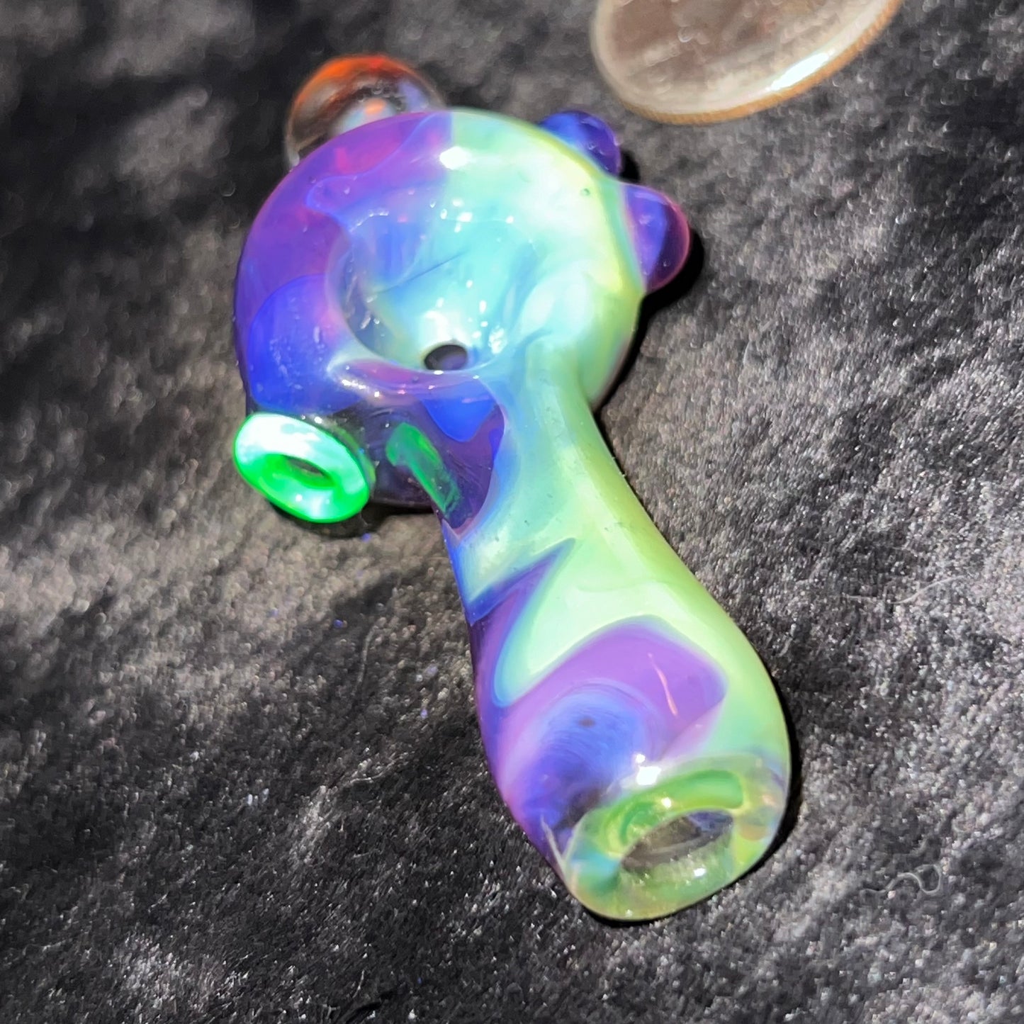 Small two tone spoon pipe with UV accents and encased opal