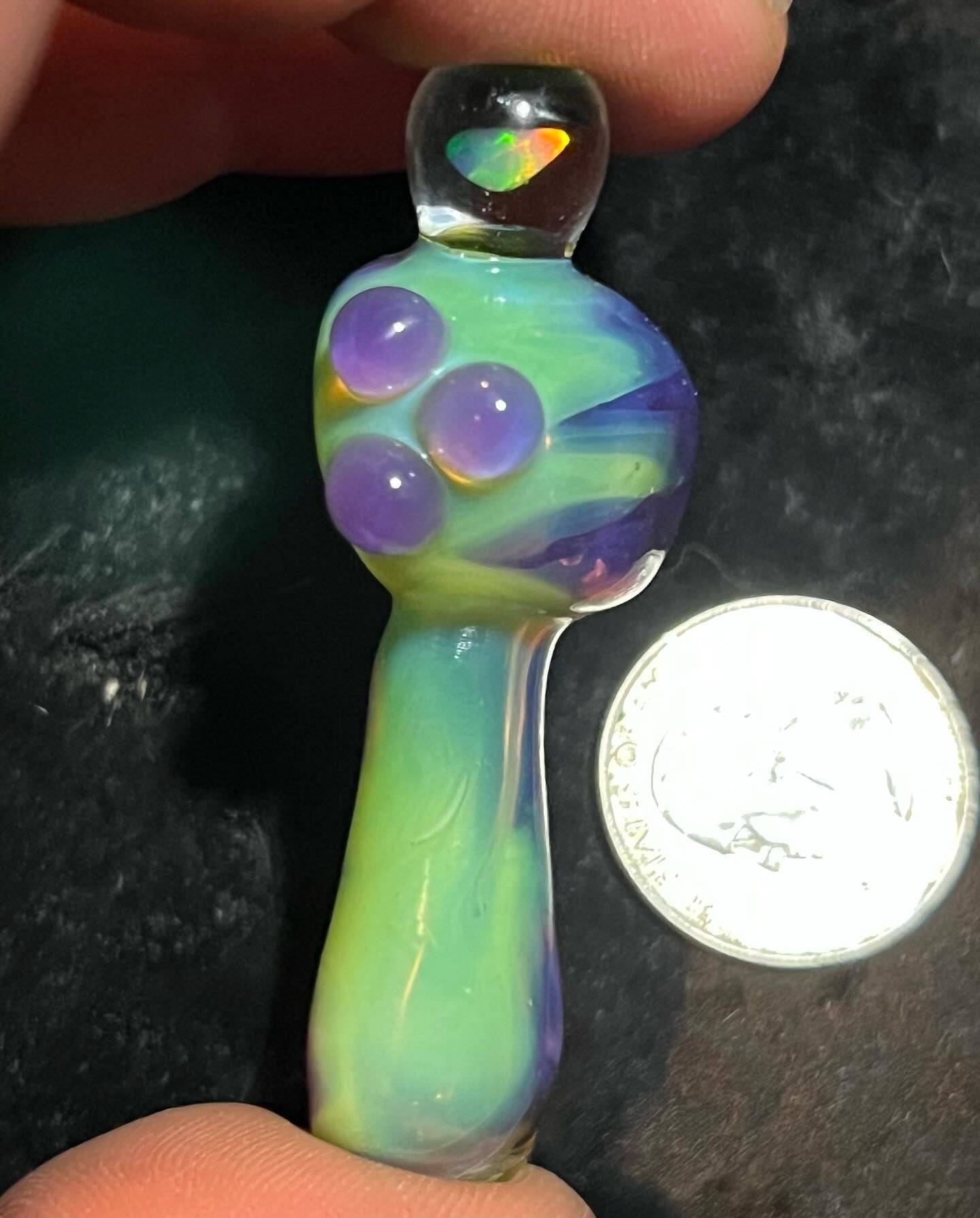 Small two tone spoon pipe with UV accents and encased opal