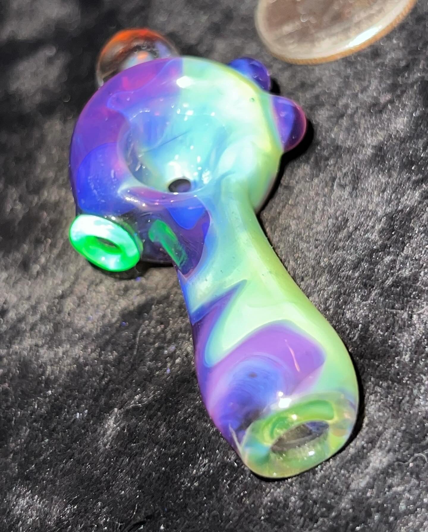 Small two tone spoon pipe with UV accents and encased opal