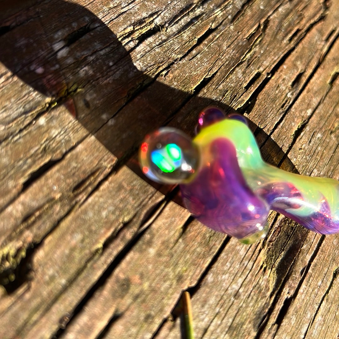 Small two tone spoon pipe with UV accents and encased opal