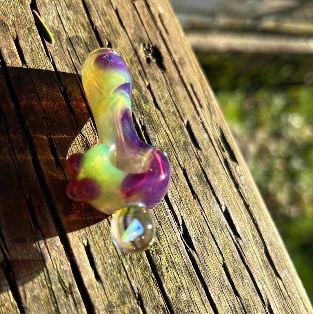 Small two tone spoon pipe with UV accents and encased opal