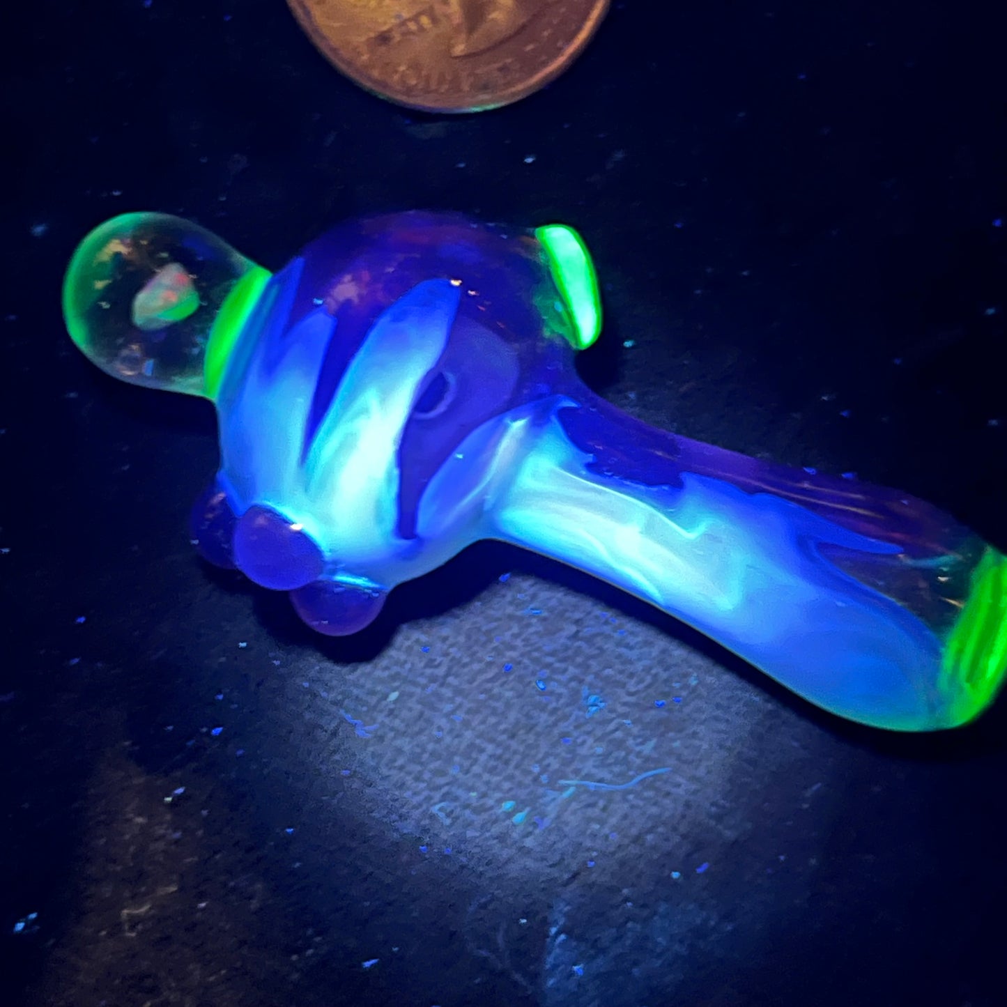 Small two tone spoon pipe with UV accents and encased opal