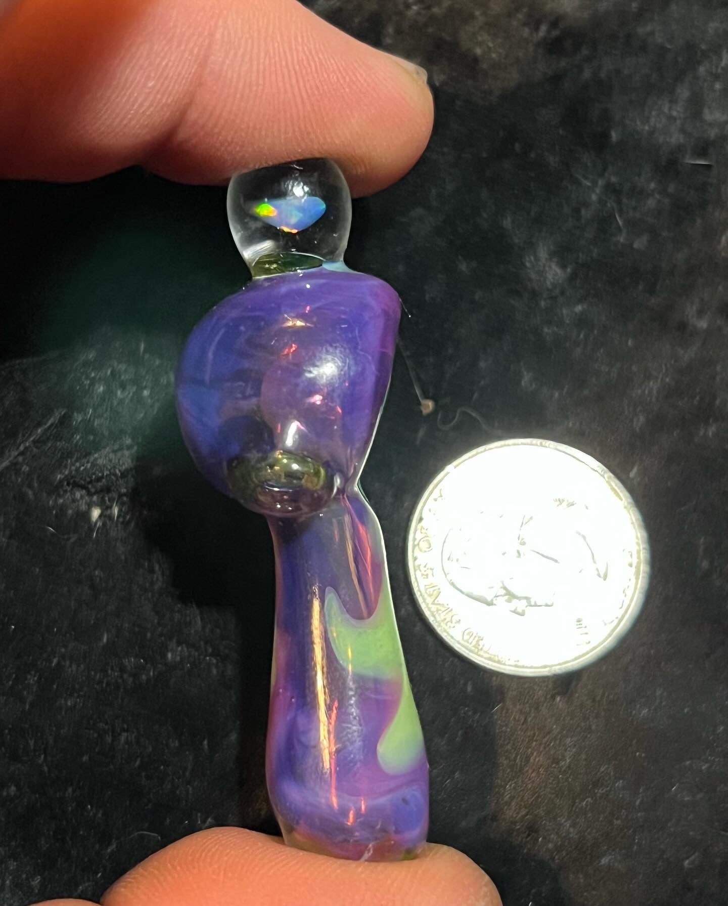 Small two tone spoon pipe with UV accents and encased opal