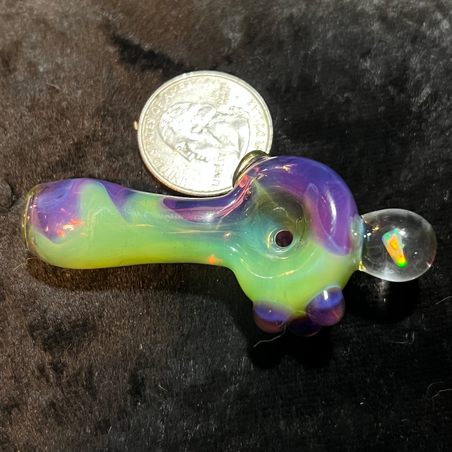 Small two tone spoon pipe with UV accents and encased opal