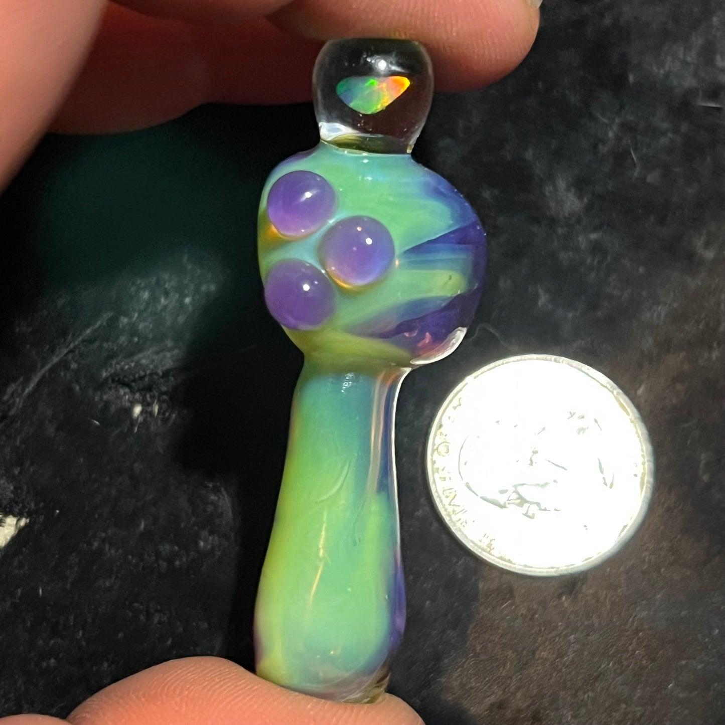 Small two tone spoon pipe with UV accents and encased opal