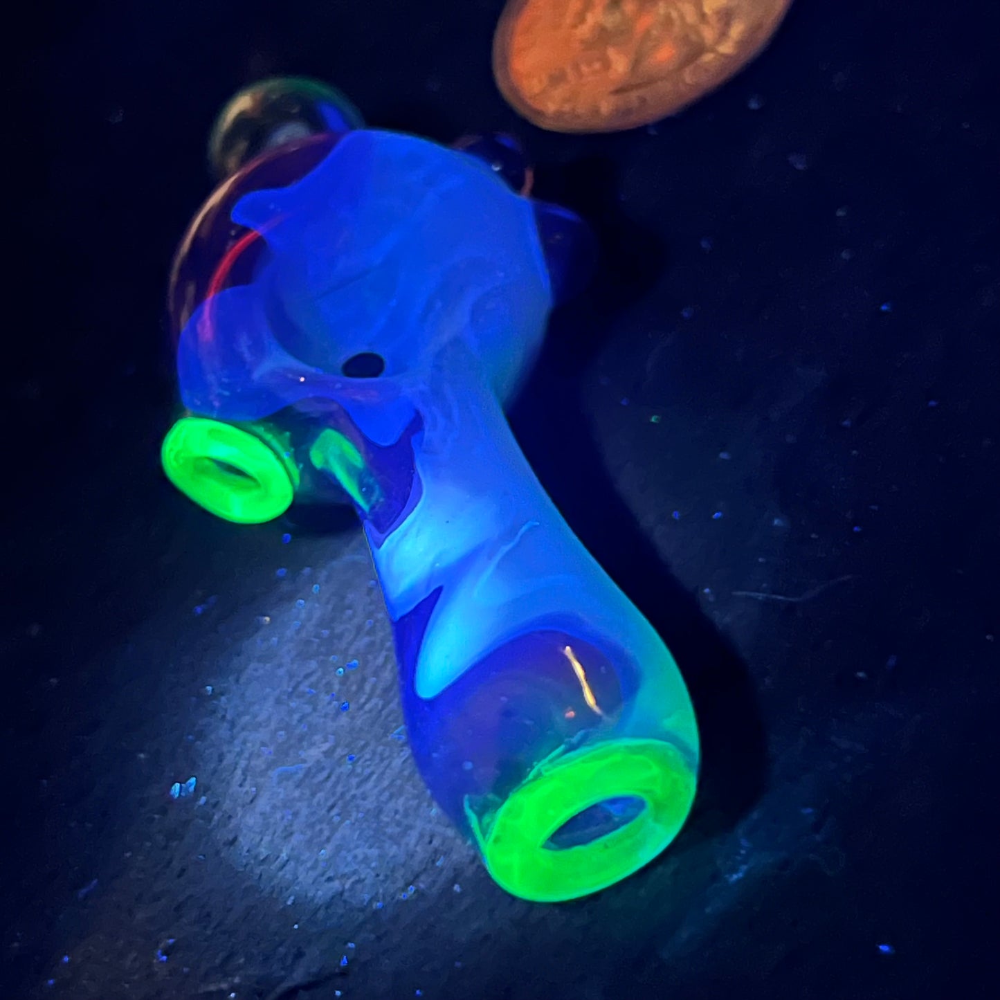 Small two tone spoon pipe with UV accents and encased opal