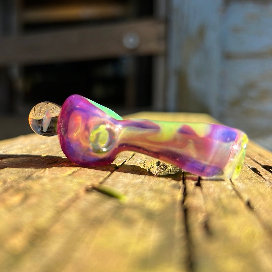 Small two tone spoon pipe with UV accents and encased opal