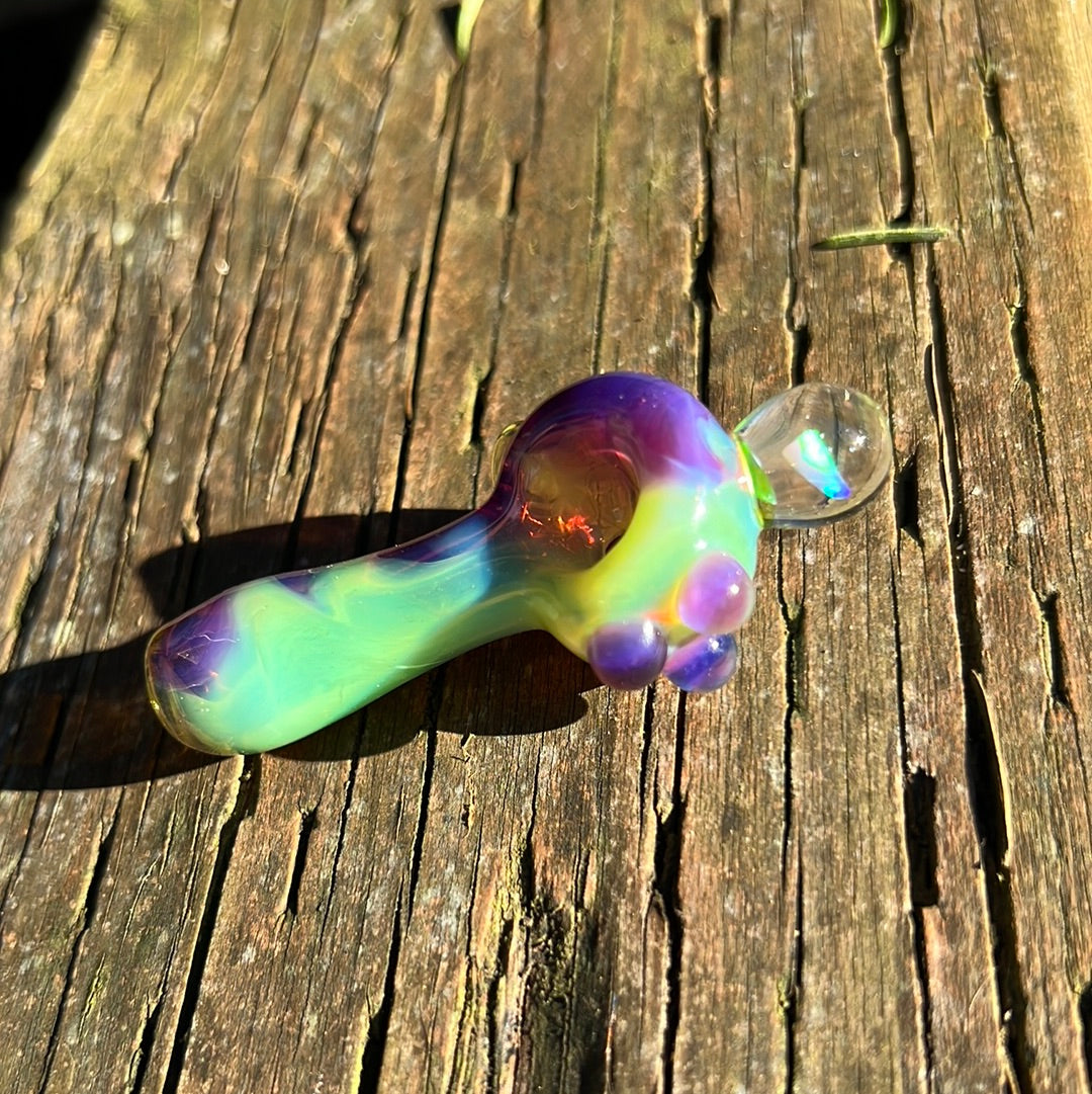 Small two tone spoon pipe with UV accents and encased opal