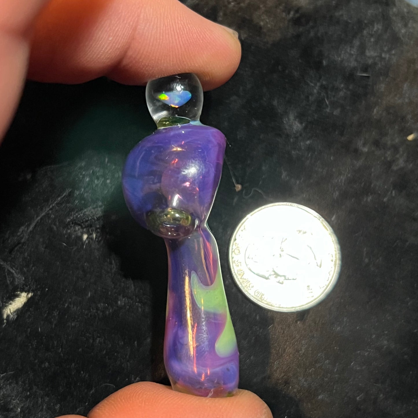 Small two tone spoon pipe with UV accents and encased opal