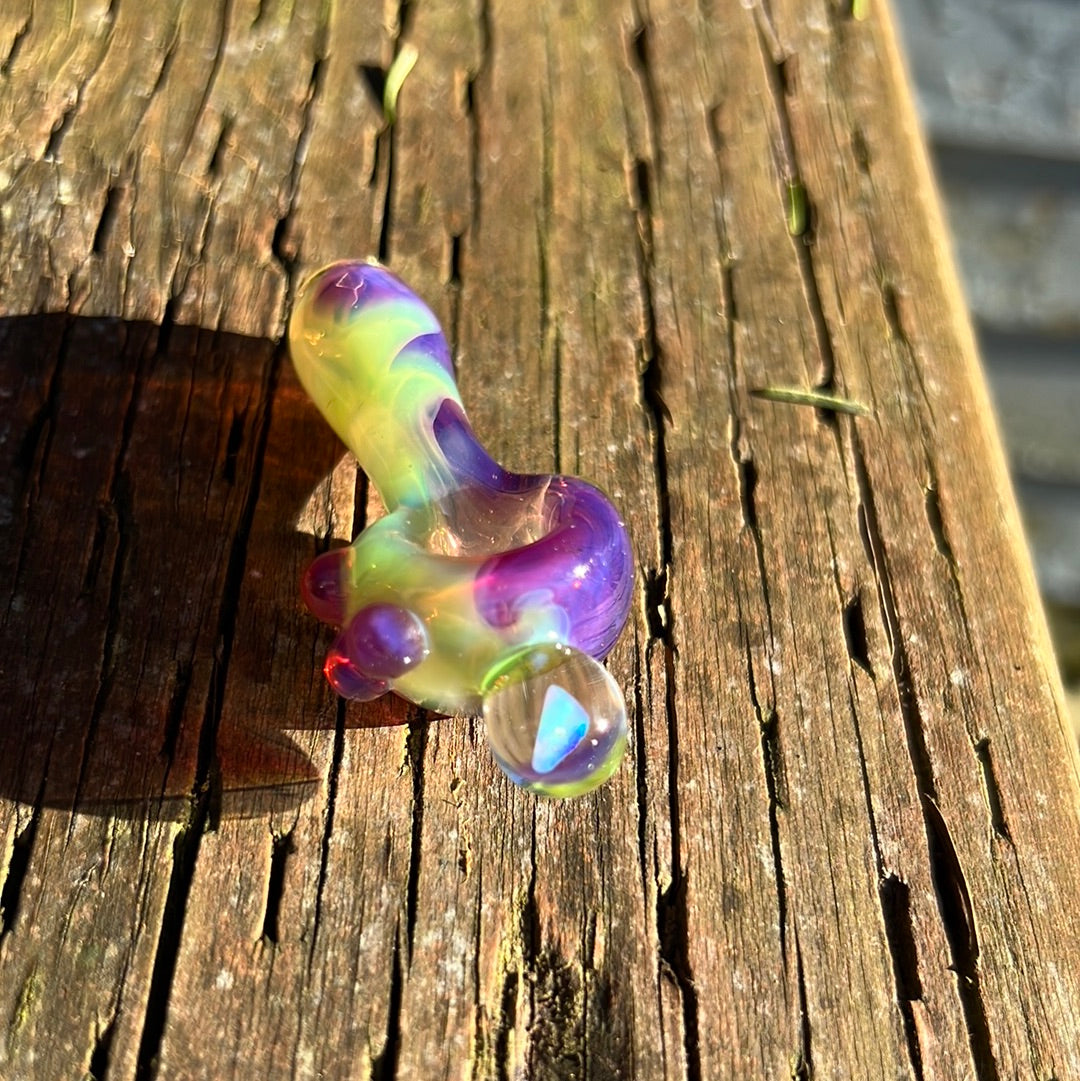 Small two tone spoon pipe with UV accents and encased opal
