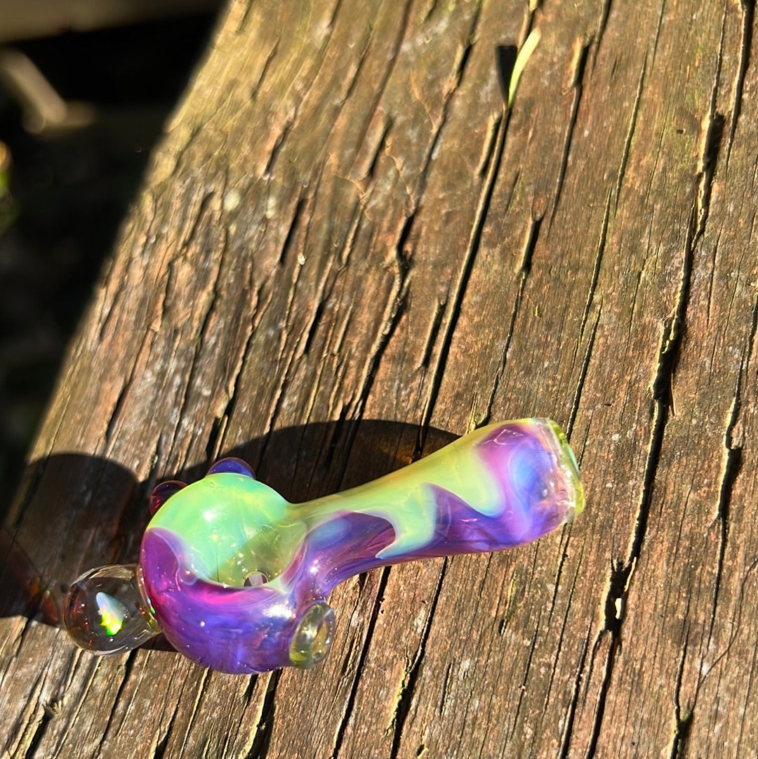 Small two tone spoon pipe with UV accents and encased opal