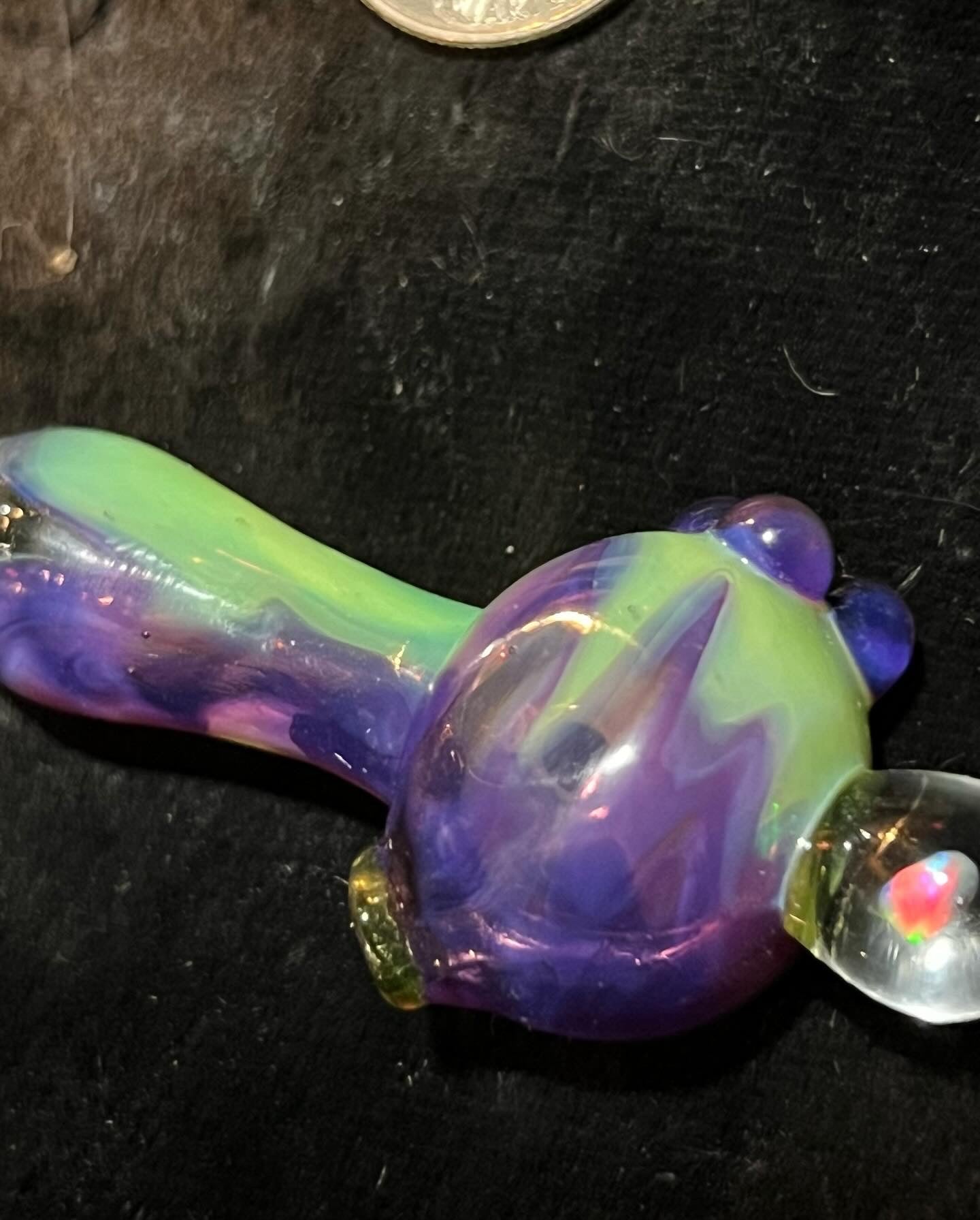 Small two tone spoon pipe with UV accents and encased opal